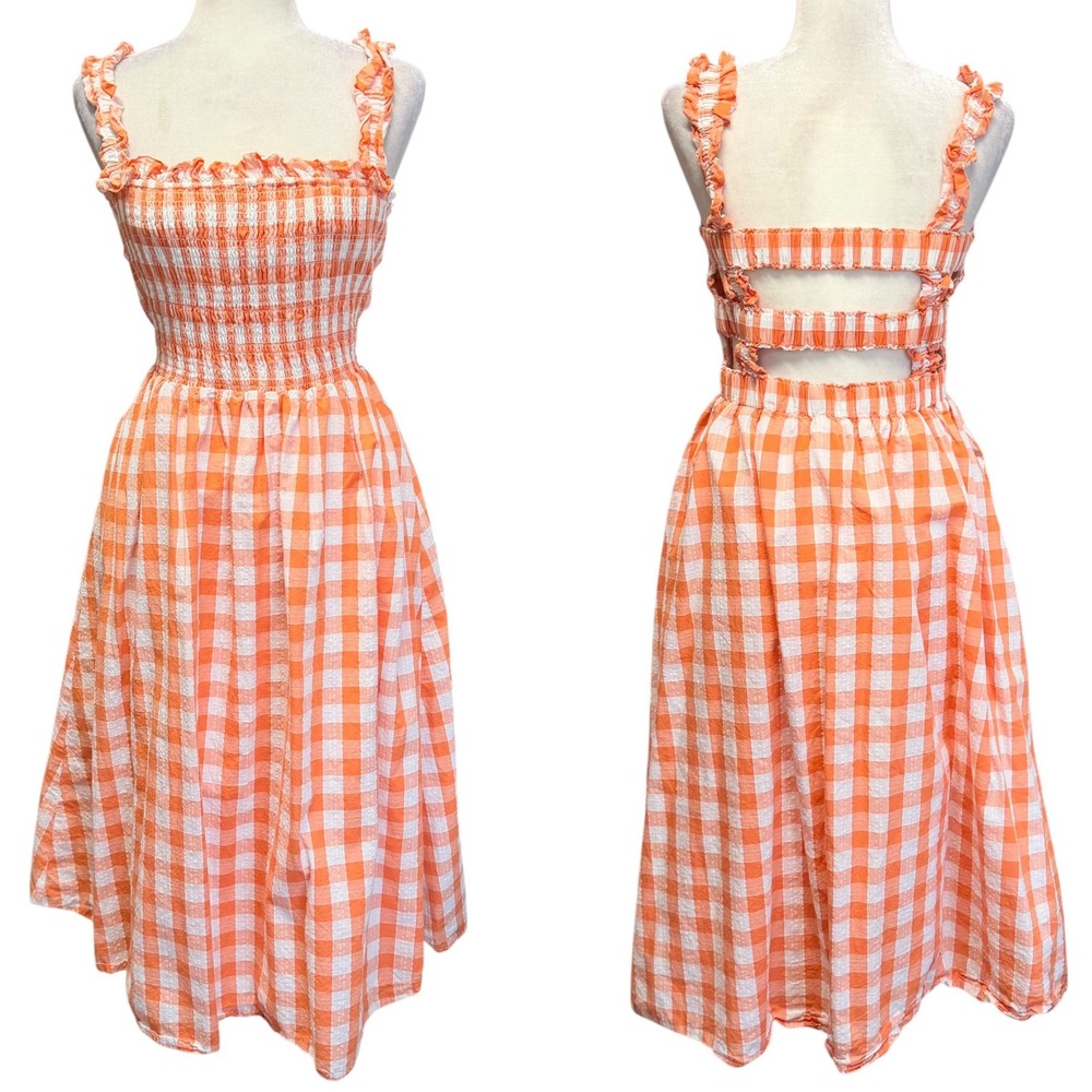 English Factory Gingham Dress Womens M Check Print Orange Smocked Ruffle Midi